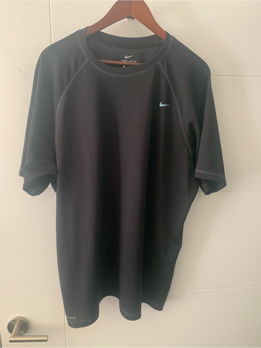 4/$20 Nike Black Short Sleeve Dri-FIT Tee with Light Blue Swoosh A15